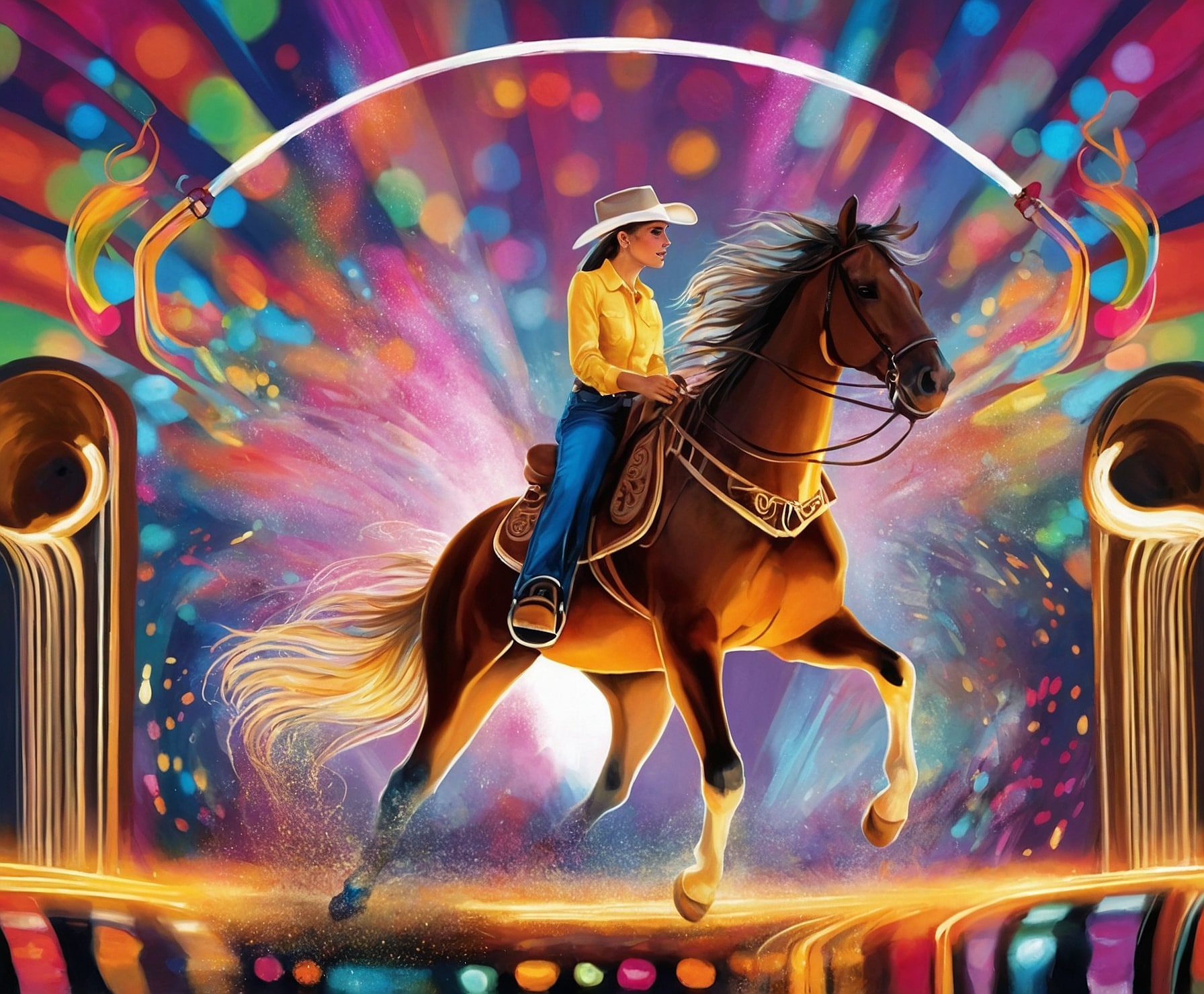 Caballos galopando en rodeo con sonido envolvente